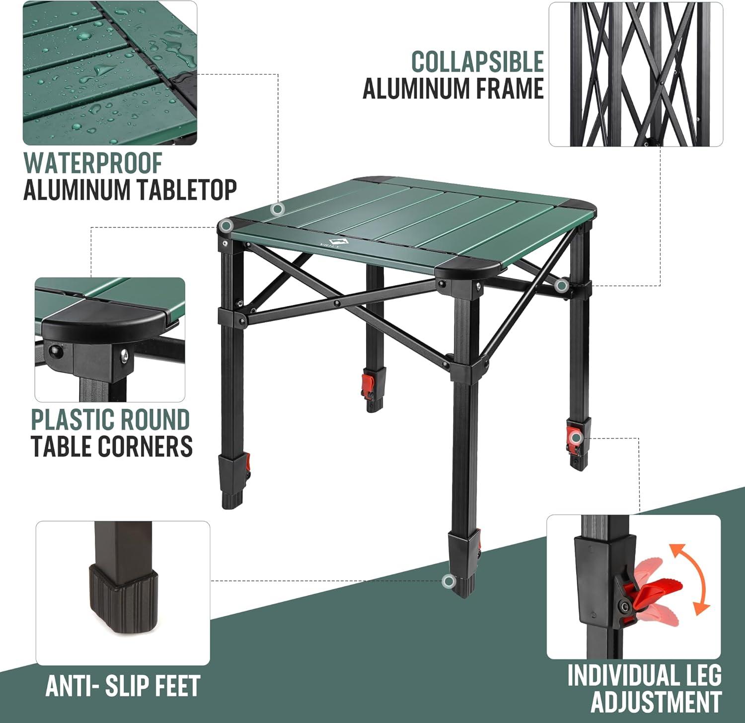image:imageVILLEY Folding Camping Square Table with Carry Bag Lightweight Aluminum Adjustable Square Table for Outdoor Camping Picnic Backyards BBQ SmallGreen
