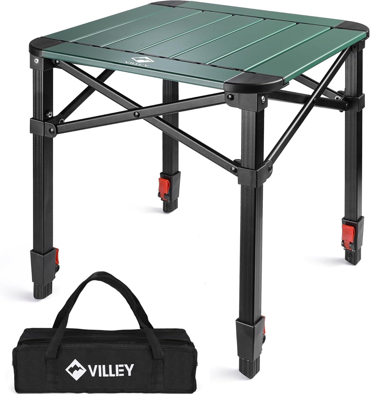 image:imageVILLEY Folding Camping Square Table with Carry Bag Lightweight Aluminum Adjustable Square Table for Outdoor Camping Picnic Backyards BBQ SmallGreen
