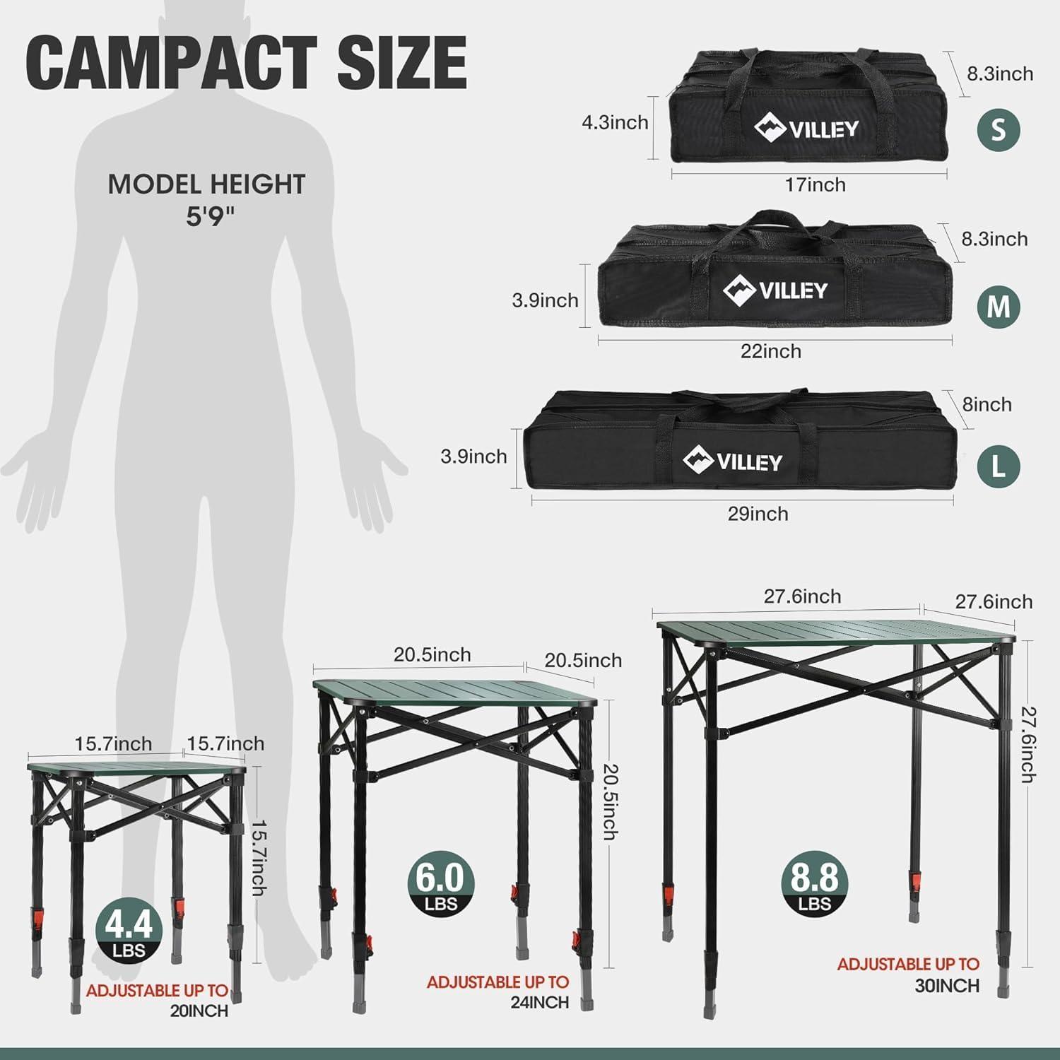 image:imageVILLEY Folding Camping Square Table with Carry Bag Lightweight Aluminum Adjustable Square Table for Outdoor Camping Picnic Backyards BBQ SmallGreen