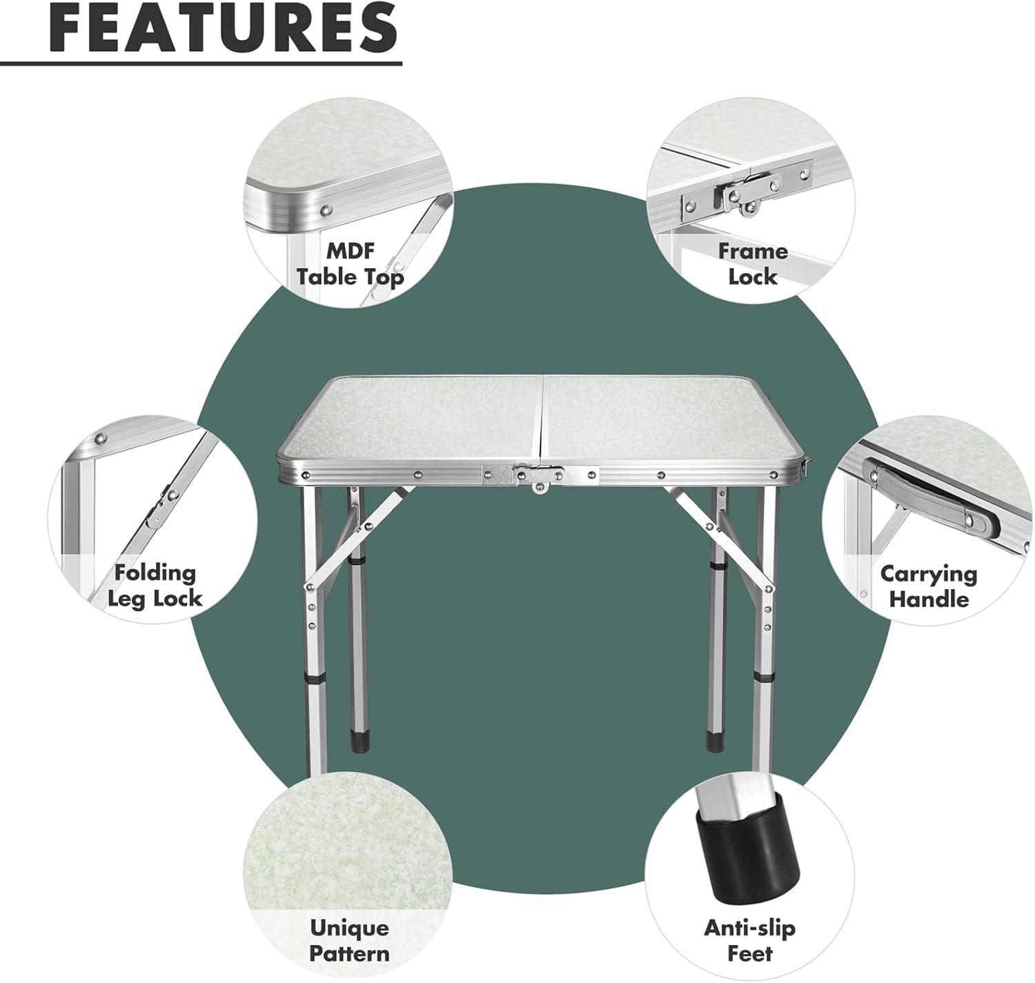 image:imageVILLEY Folding Camping Table 3ft Small Portable Lightweight Outdoor Table with Aluminum Adjustable Legs for Travel Picnic Cooking Beach2ft24l X 15w 2 Height 1022