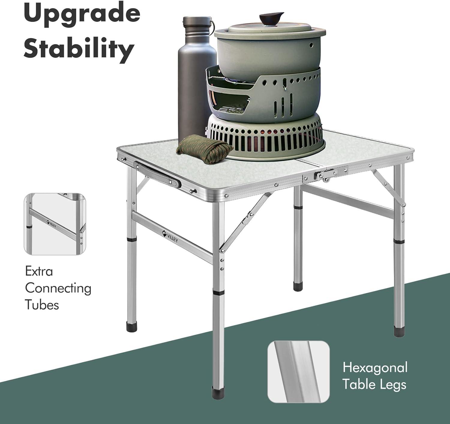 image:imageVILLEY Folding Camping Table 3ft Small Portable Lightweight Outdoor Table with Aluminum Adjustable Legs for Travel Picnic Cooking Beach2ft24l X 15w 2 Height 1022