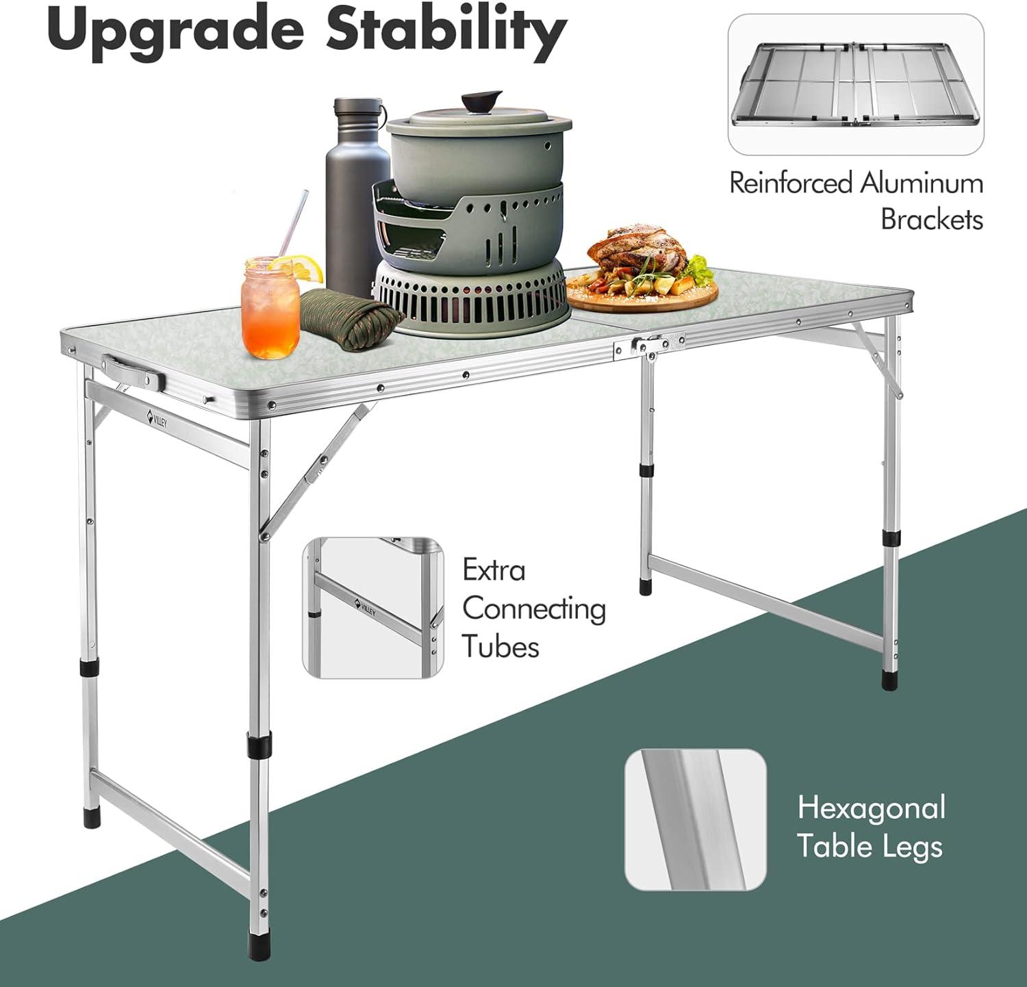 image:imageVILLEY Folding Camping Table 3ft Small Portable Lightweight Outdoor Table with Aluminum Adjustable Legs for Travel Picnic Cooking Beach4ft48L x 23W 3 Height 212427