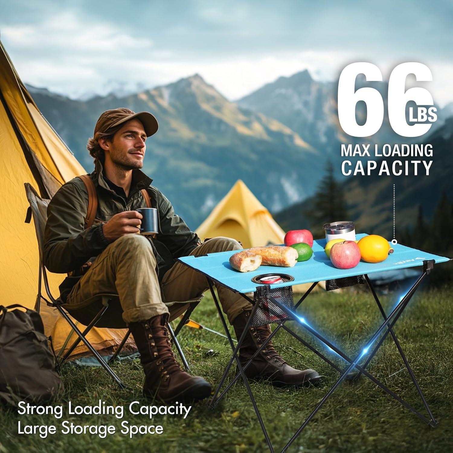 image:imageVILLEY Folding Camping Table Lightweight Portable Beach Table with 2 Cup Holders amp Carry Bag for Camping Beach Fishing Travel and Outdoor ActivitiesSmallBlue