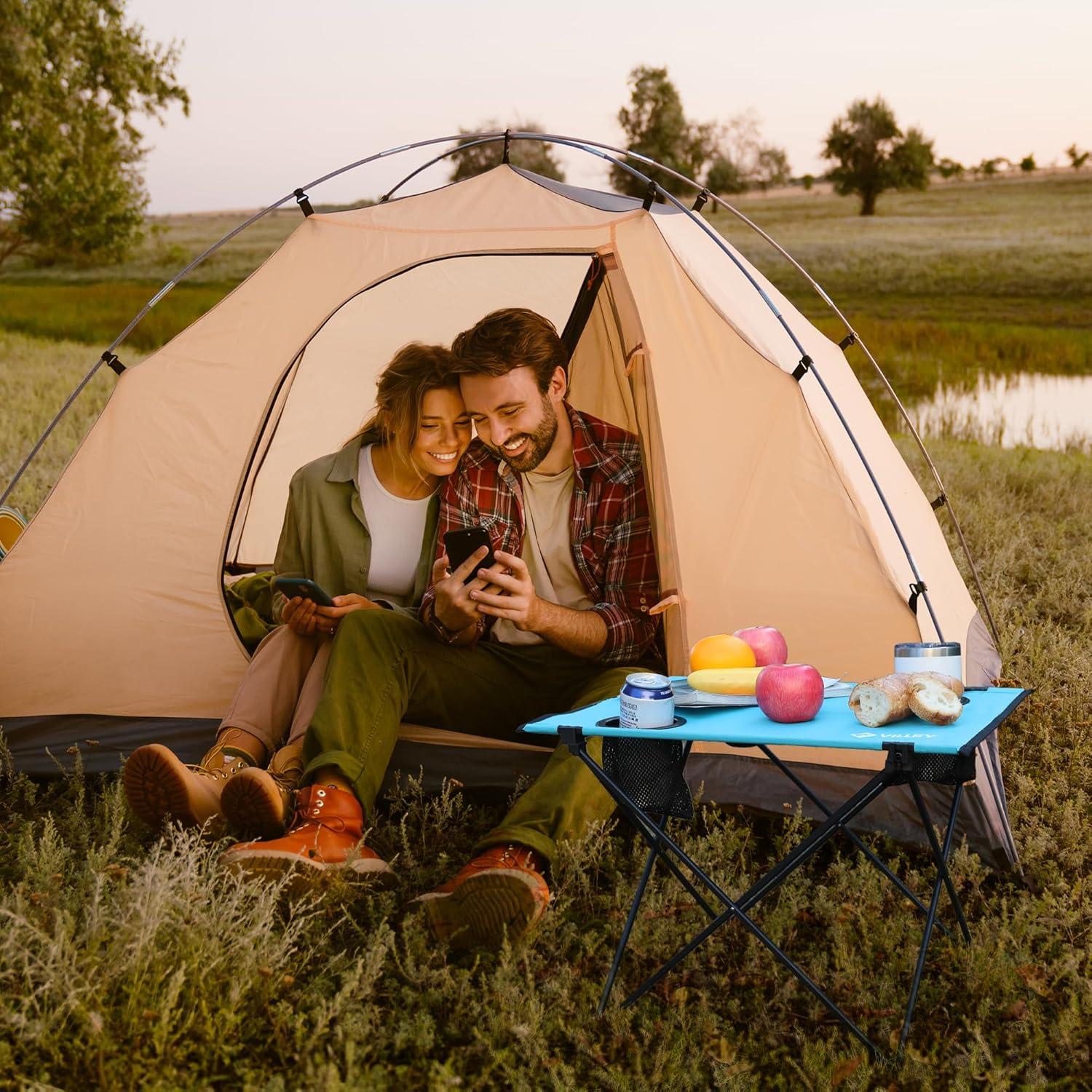 image:imageVILLEY Folding Camping Table Lightweight Portable Beach Table with 2 Cup Holders amp Carry Bag for Camping Beach Fishing Travel and Outdoor ActivitiesSmallBlue