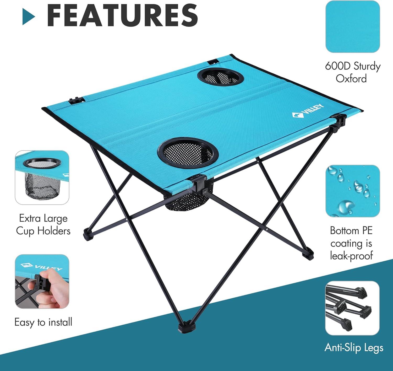 image:imageVILLEY Folding Camping Table Lightweight Portable Beach Table with 2 Cup Holders amp Carry Bag for Camping Beach Fishing Travel and Outdoor ActivitiesSmallBlue