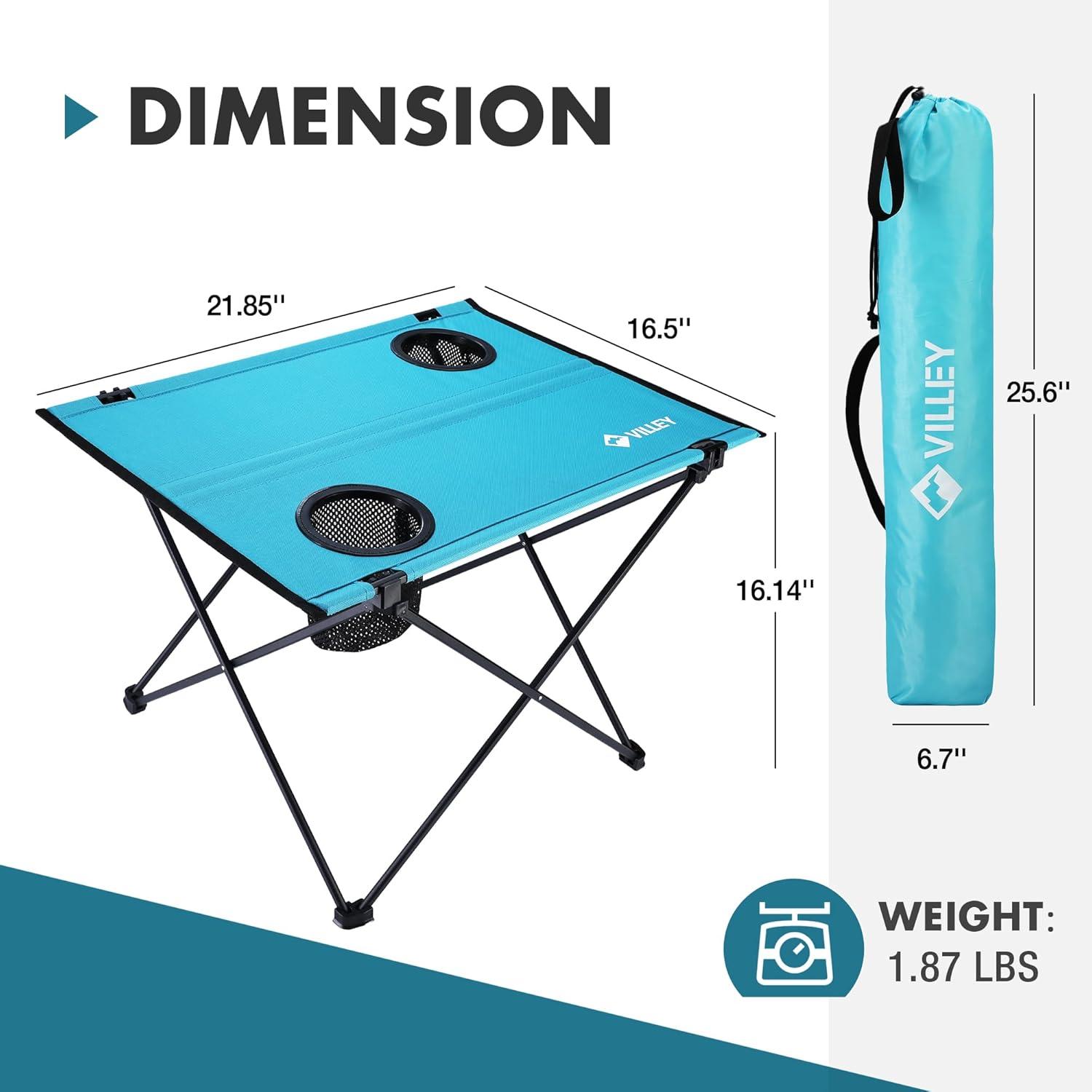 image:imageVILLEY Folding Camping Table Lightweight Portable Beach Table with 2 Cup Holders amp Carry Bag for Camping Beach Fishing Travel and Outdoor ActivitiesSmallBlue