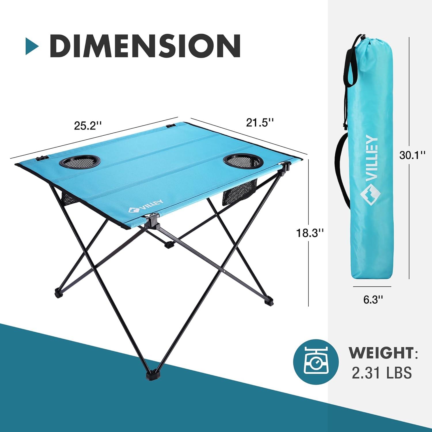 image:imageVILLEY Folding Camping Table Lightweight Portable Beach Table with 2 Cup Holders amp Carry Bag for Camping Beach Fishing Travel and Outdoor ActivitiesSmallBlue