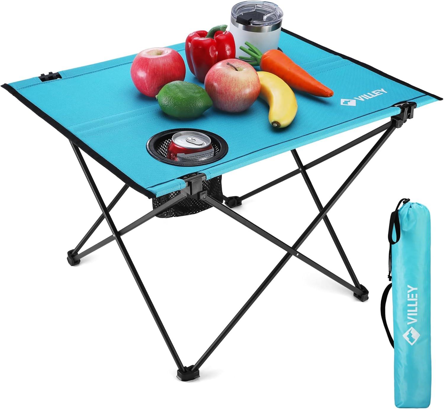 image:imageVILLEY Folding Camping Table Lightweight Portable Beach Table with 2 Cup Holders amp Carry Bag for Camping Beach Fishing Travel and Outdoor ActivitiesSmallBlue