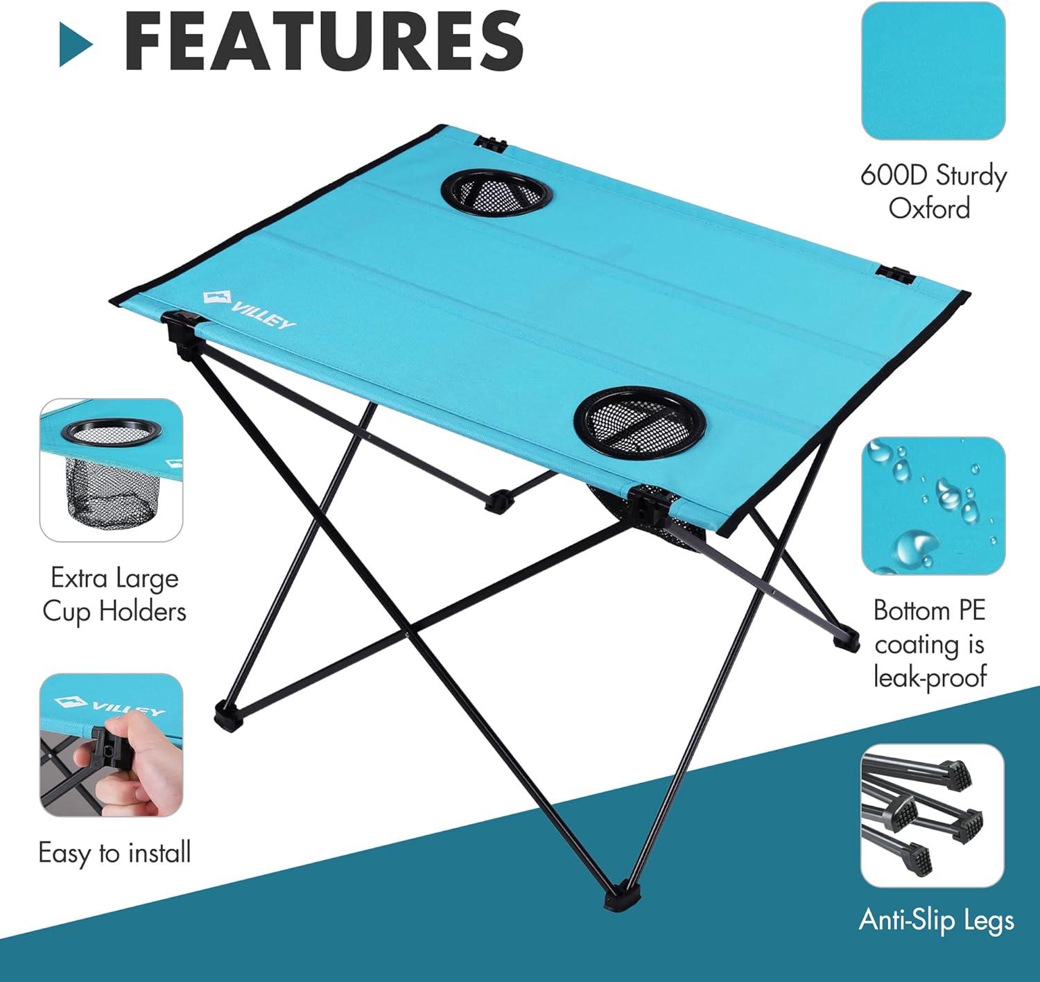 image:imageVILLEY Folding Camping Table Lightweight Portable Beach Table with 2 Cup Holders amp Carry Bag for Camping Beach Fishing Travel and Outdoor ActivitiesSmallBlue