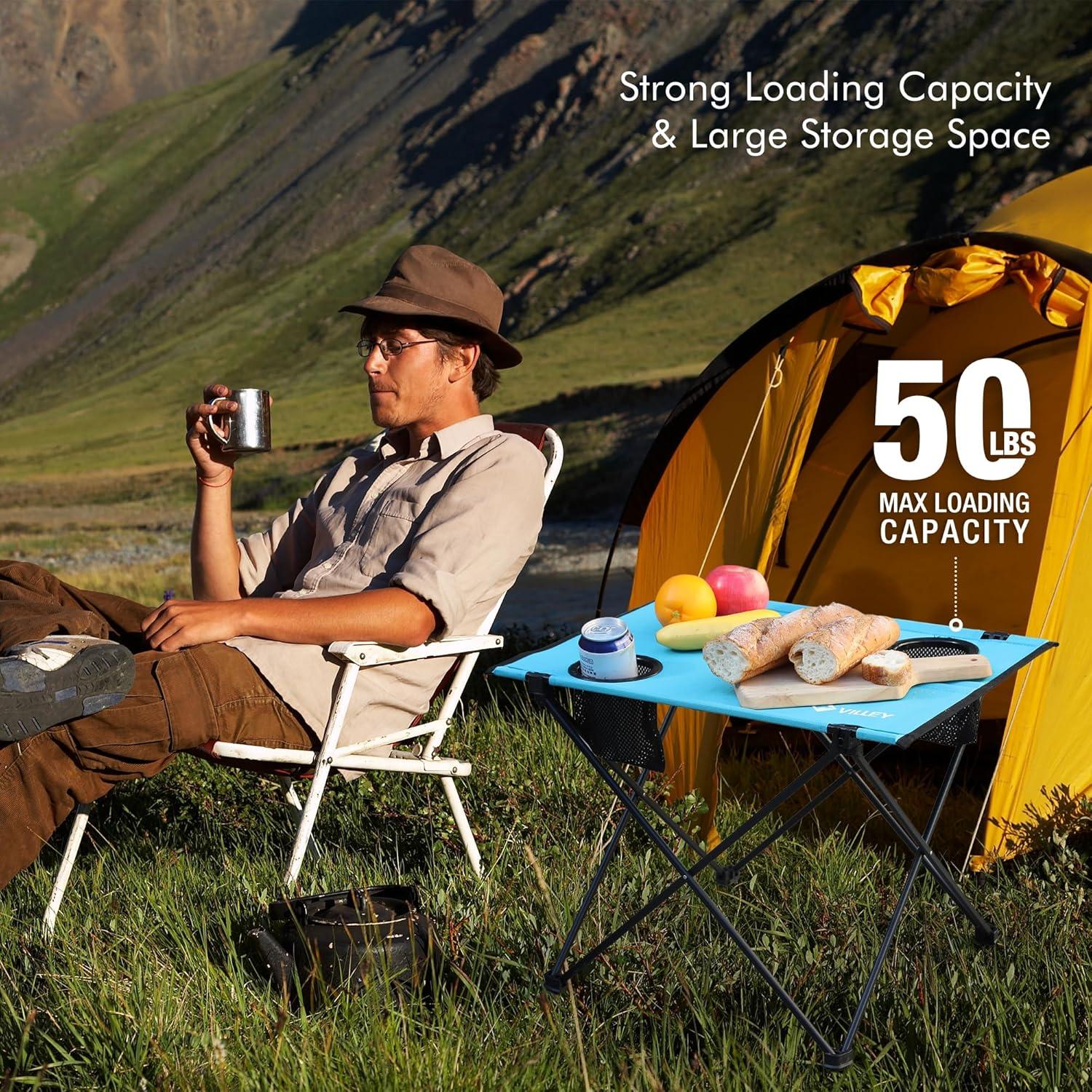 image:imageVILLEY Folding Camping Table Lightweight Portable Beach Table with 2 Cup Holders amp Carry Bag for Camping Beach Fishing Travel and Outdoor ActivitiesSmallBlue