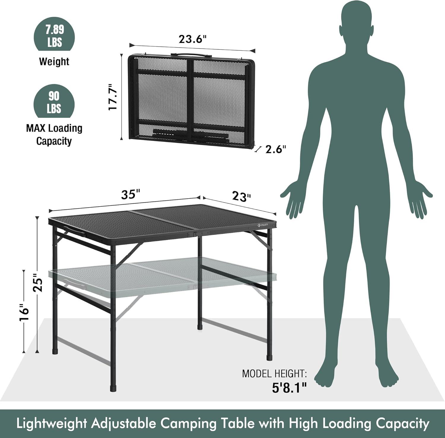 image:imageVILLEY Grill Table 3ft Folding Camping Table with Aluminum Adjustable Legs Portable Lightweight Camp Table for Beach Picnics and Outdoor CookingBlack