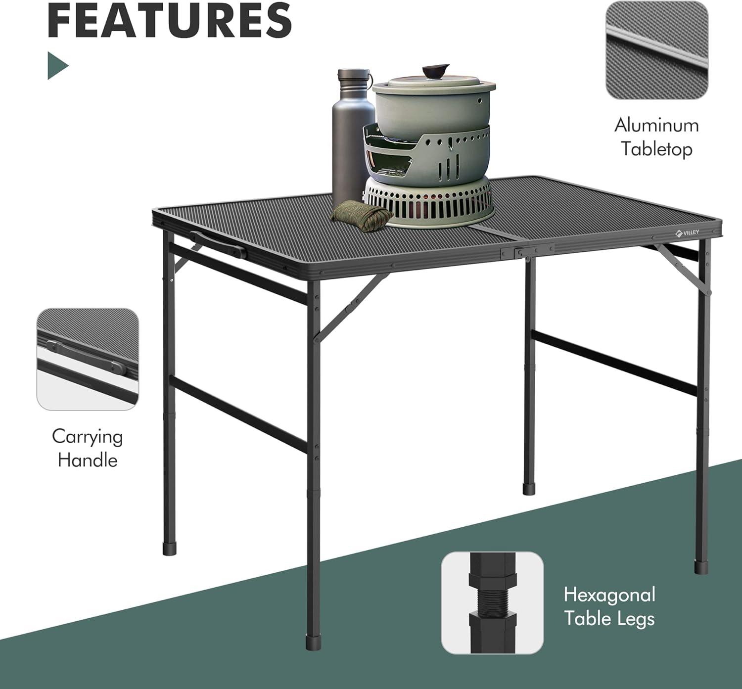 image:imageVILLEY Grill Table 3ft Folding Camping Table with Aluminum Adjustable Legs Portable Lightweight Camp Table for Beach Picnics and Outdoor CookingBlack