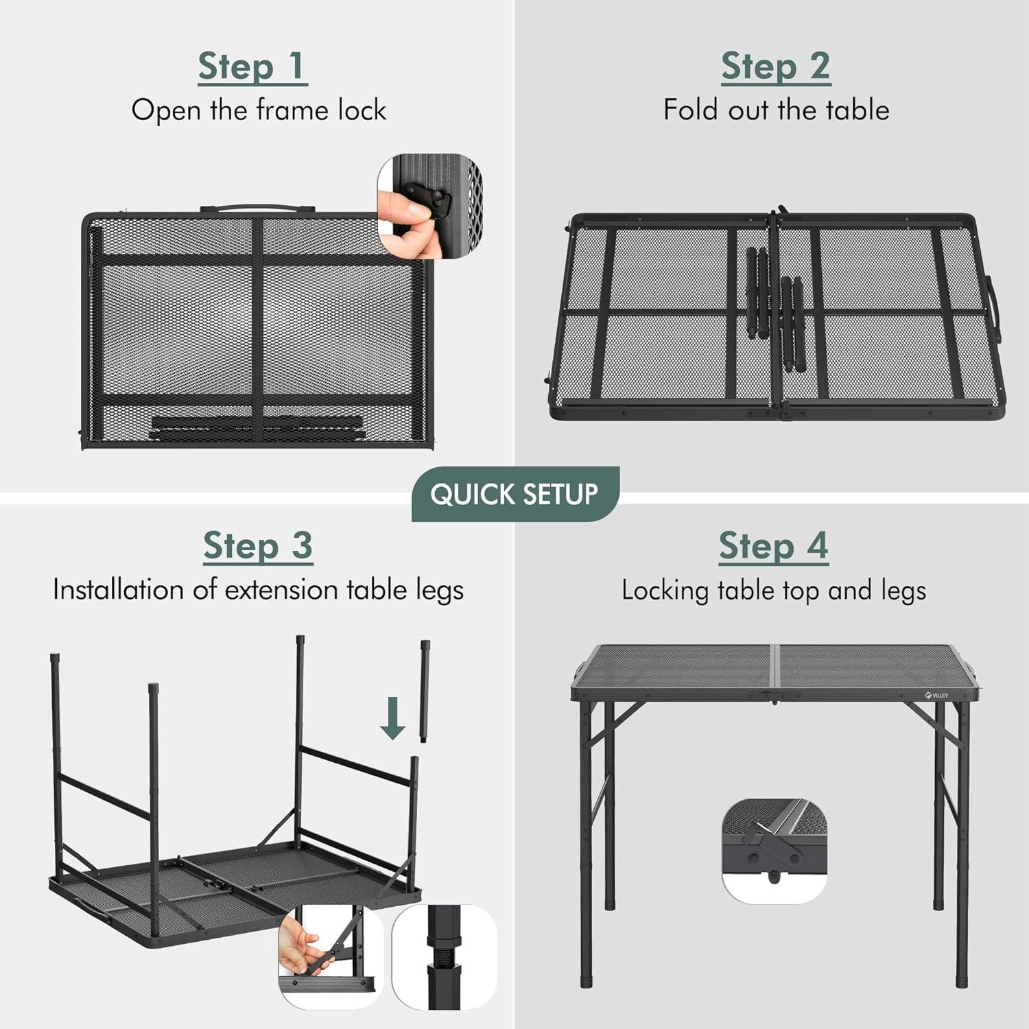 image:imageVILLEY Grill Table 3ft Folding Camping Table with Aluminum Adjustable Legs Portable Lightweight Camp Table for Beach Picnics and Outdoor CookingBlack