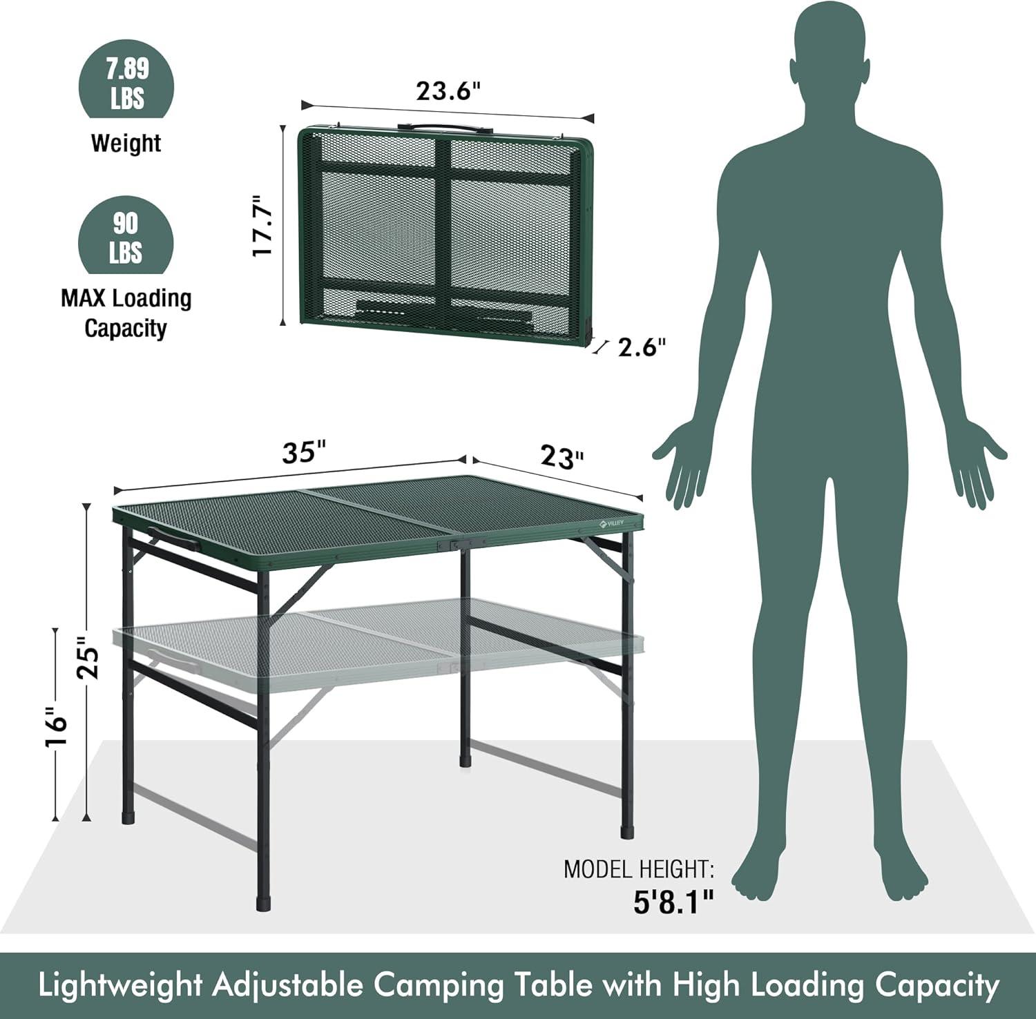 image:imageVILLEY Grill Table 3ft Folding Camping Table with Aluminum Adjustable Legs Portable Lightweight Camp Table for Beach Picnics and Outdoor CookingGreen