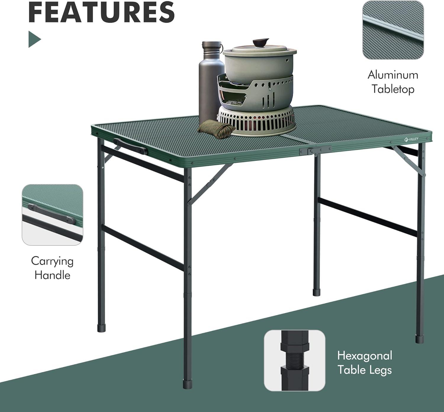 image:imageVILLEY Grill Table 3ft Folding Camping Table with Aluminum Adjustable Legs Portable Lightweight Camp Table for Beach Picnics and Outdoor CookingGreen