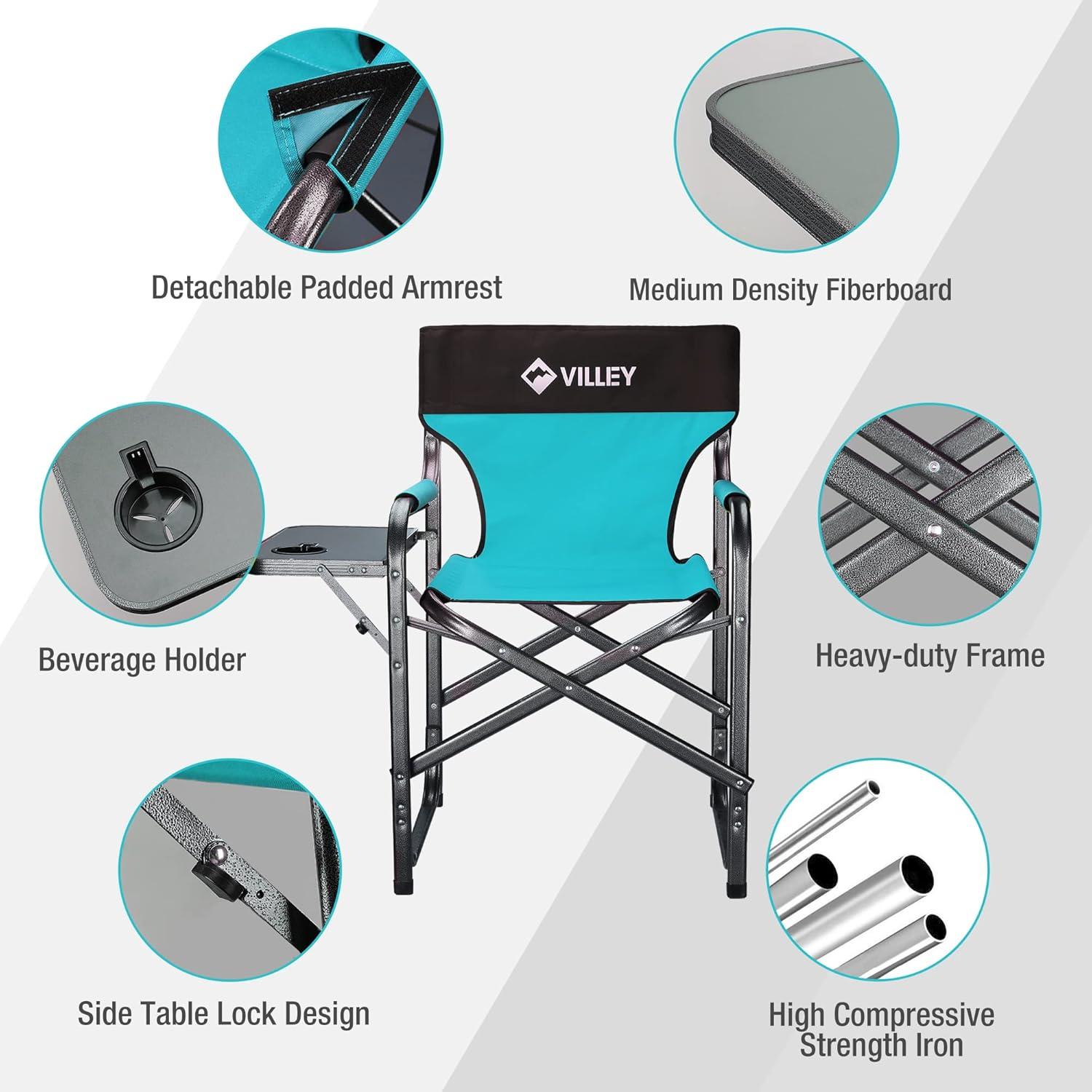 image:imageVILLEY Heavy Duty Directors Chair Folding Camping Chairs Portable Foldable Chair for Camp Tailgating Lawn Picnic Fishing Beach Supports 350 LBS GreenBlue