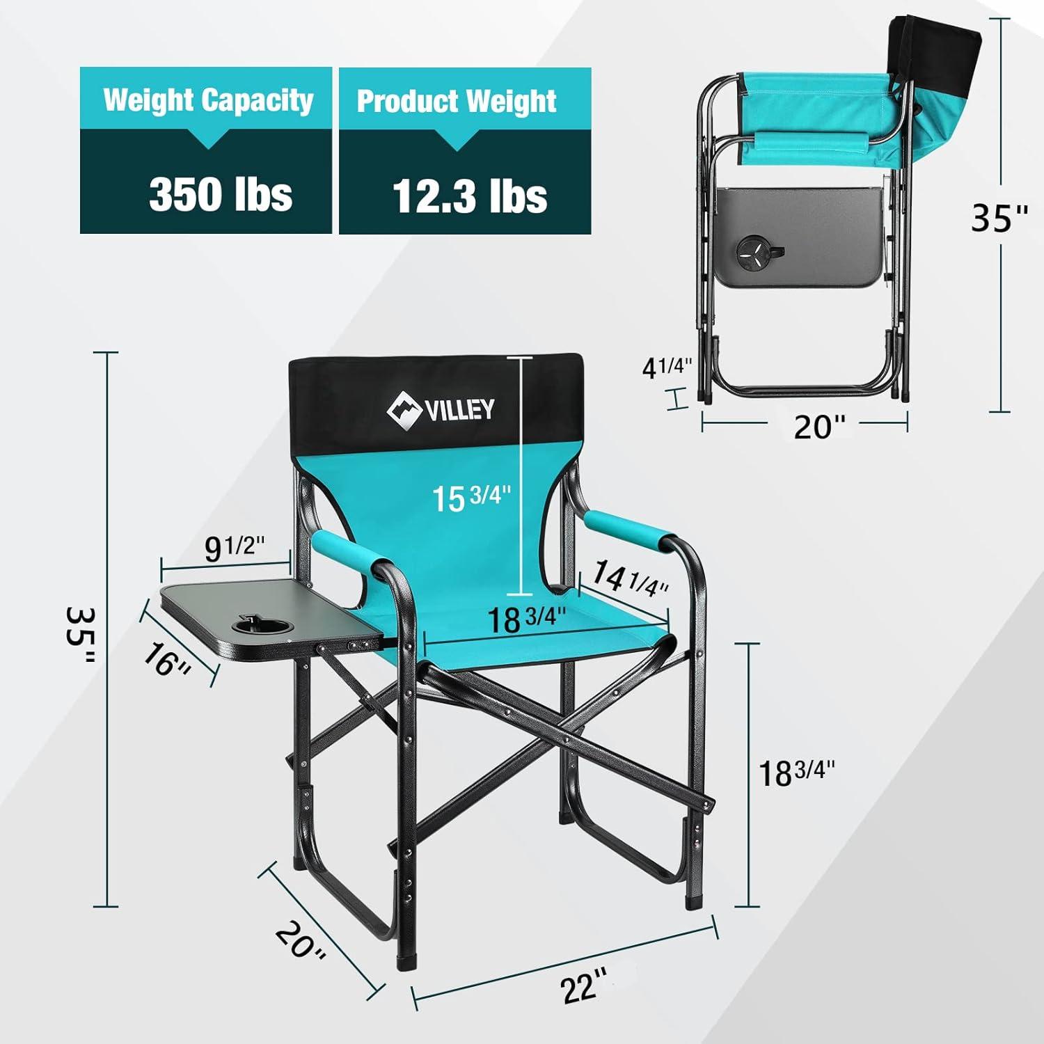 image:imageVILLEY Heavy Duty Directors Chair Folding Camping Chairs Portable Foldable Chair for Camp Tailgating Lawn Picnic Fishing Beach Supports 350 LBS GreenBlue