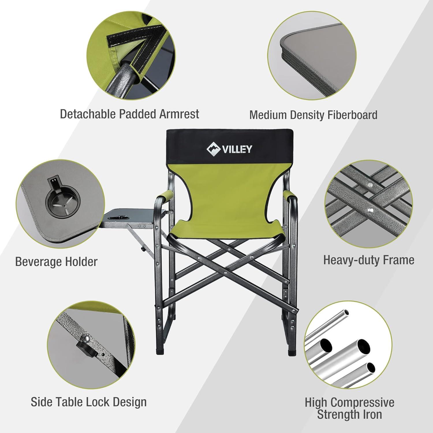 image:imageVILLEY Heavy Duty Directors Chair Folding Camping Chairs Portable Foldable Chair for Camp Tailgating Lawn Picnic Fishing Beach Supports 350 LBS GreenGreen