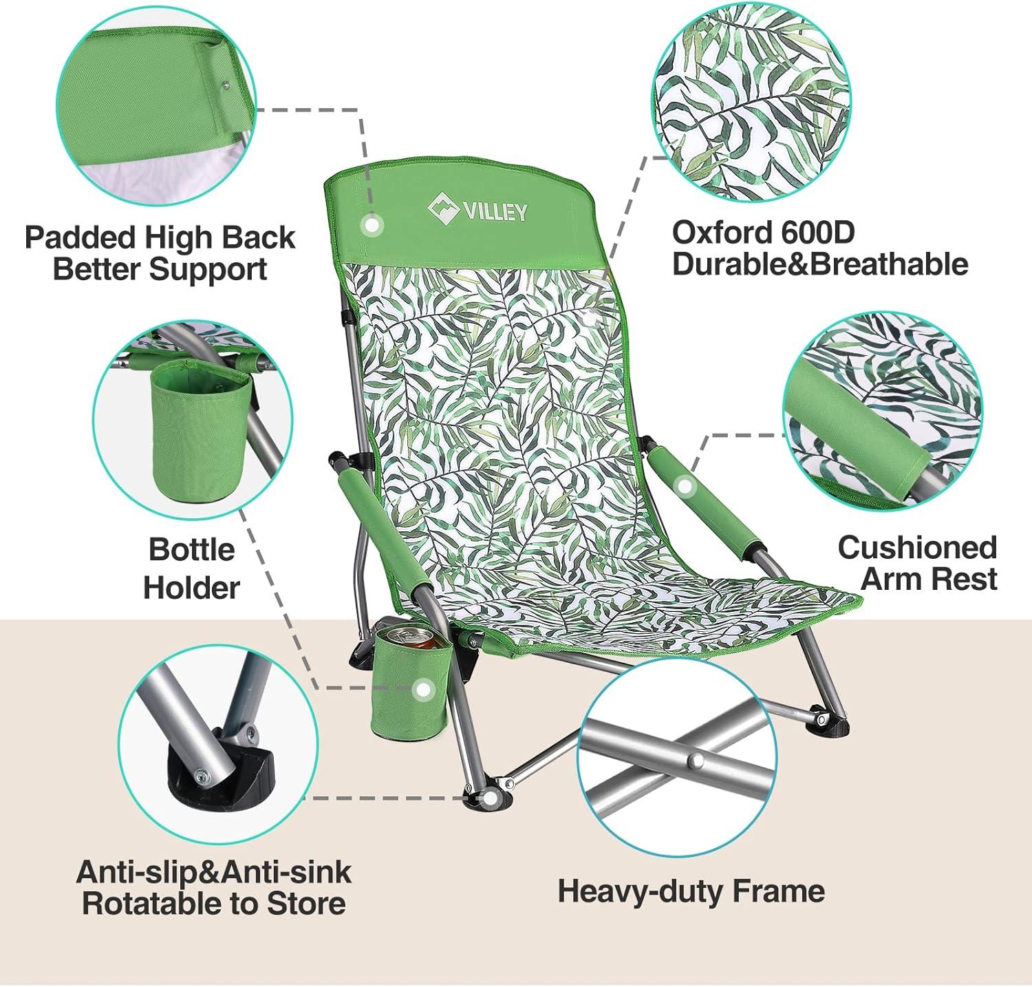 image:imageVILLEY Low Beach Chairs for Adults 2 Pack High Back Folding Beach Chairs Lightweight and Portable for Outdoor Beach Camping Lawn Music Festival with Cup Holder and Carry BagBlue StripesGreen Tropical Leaves