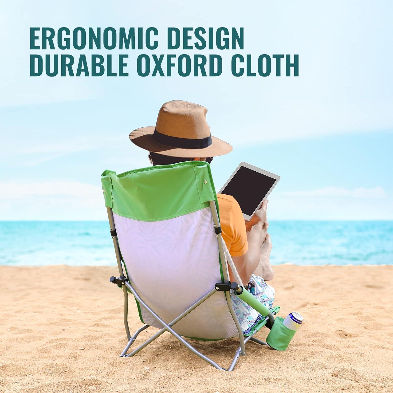 image:imageVILLEY Low Beach Chairs for Adults 2 Pack High Back Folding Beach Chairs Lightweight and Portable for Outdoor Beach Camping Lawn Music Festival with Cup Holder and Carry BagBlue StripesGreen Tropical Leaves