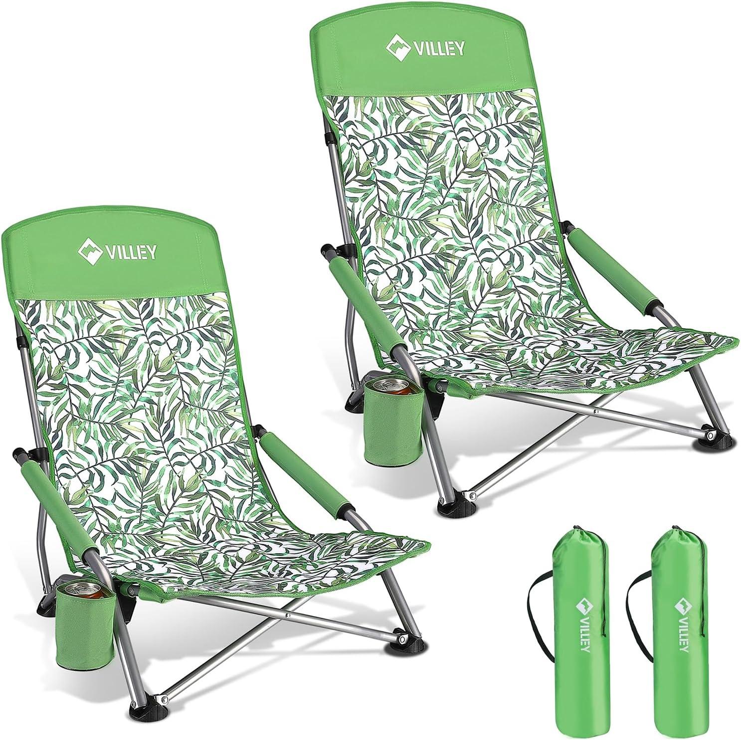image:imageVILLEY Low Beach Chairs for Adults 2 Pack High Back Folding Beach Chairs Lightweight and Portable for Outdoor Beach Camping Lawn Music Festival with Cup Holder and Carry BagBlue StripesGreen Tropical Leaves