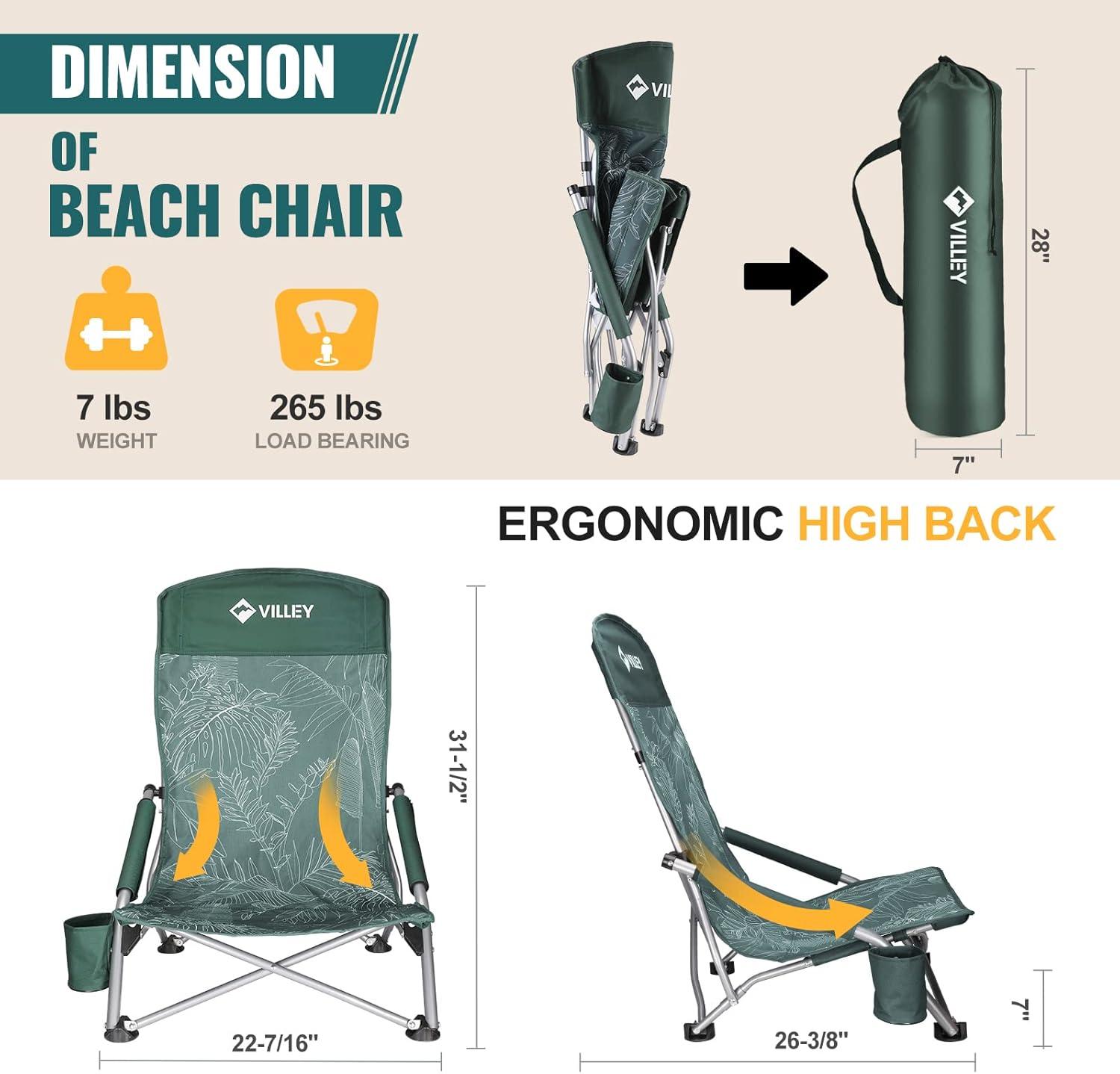 image:imageVILLEY Low Beach Chairs for Adults 2 Pack High Back Folding Beach Chairs Lightweight and Portable for Outdoor Beach Camping Lawn Music Festival with Cup Holder and Carry BagBlue StripesVintage Green Leaves