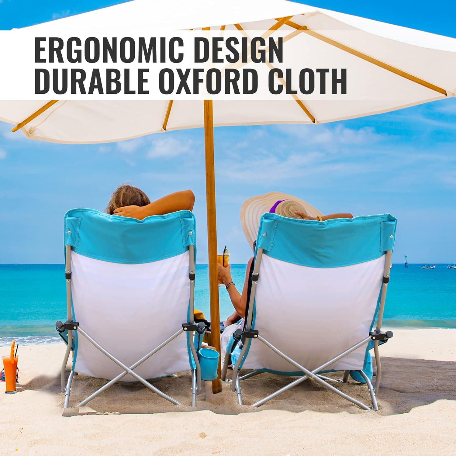 image:imageVILLEY Low Beach Chairs for Adults 2 Pack High Back Folding Beach Chairs Lightweight and Portable for Outdoor Beach Camping Lawn Music Festival with Cup Holder and Carry BagBlue StripesBlue Stripes