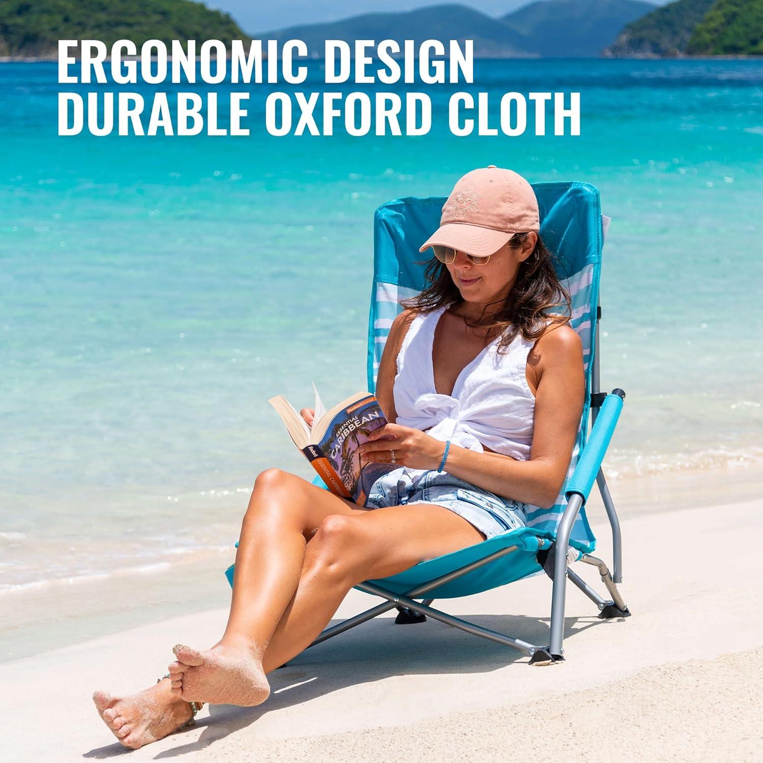 image:imageVILLEY Low Beach Chairs for Adults 2 Pack High Back Folding Beach Chairs Lightweight and Portable for Outdoor Beach Camping Lawn Music Festival with Cup Holder and Carry BagBlue StripesBlue Stripes