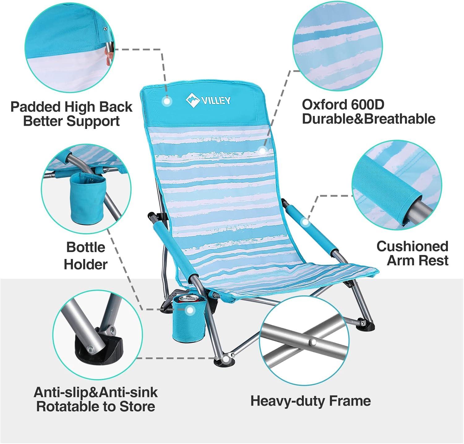 image:imageVILLEY Low Beach Chairs for Adults 2 Pack High Back Folding Beach Chairs Lightweight and Portable for Outdoor Beach Camping Lawn Music Festival with Cup Holder and Carry BagBlue StripesBlue Stripes