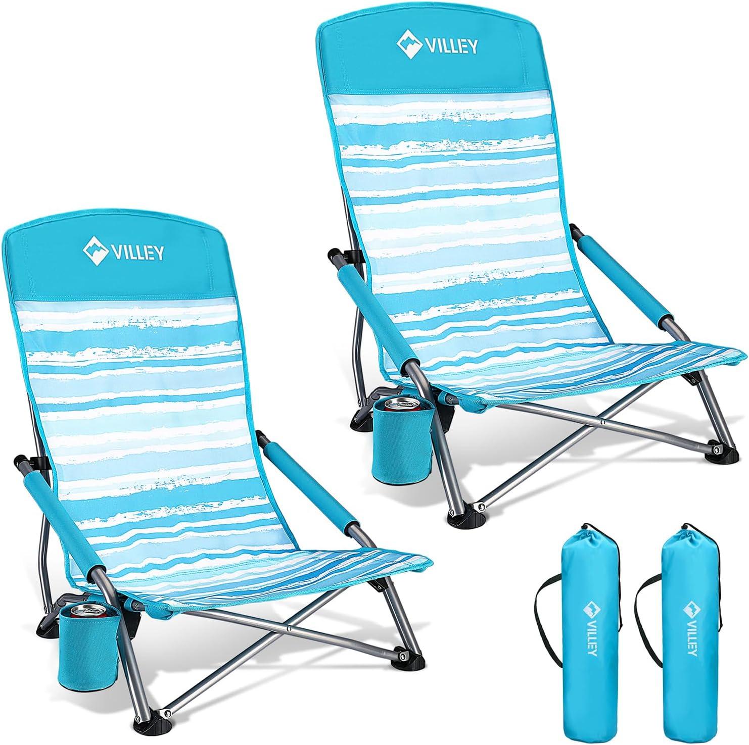 image:imageVILLEY Low Beach Chairs for Adults 2 Pack High Back Folding Beach Chairs Lightweight and Portable for Outdoor Beach Camping Lawn Music Festival with Cup Holder and Carry BagBlue StripesBlue Stripes