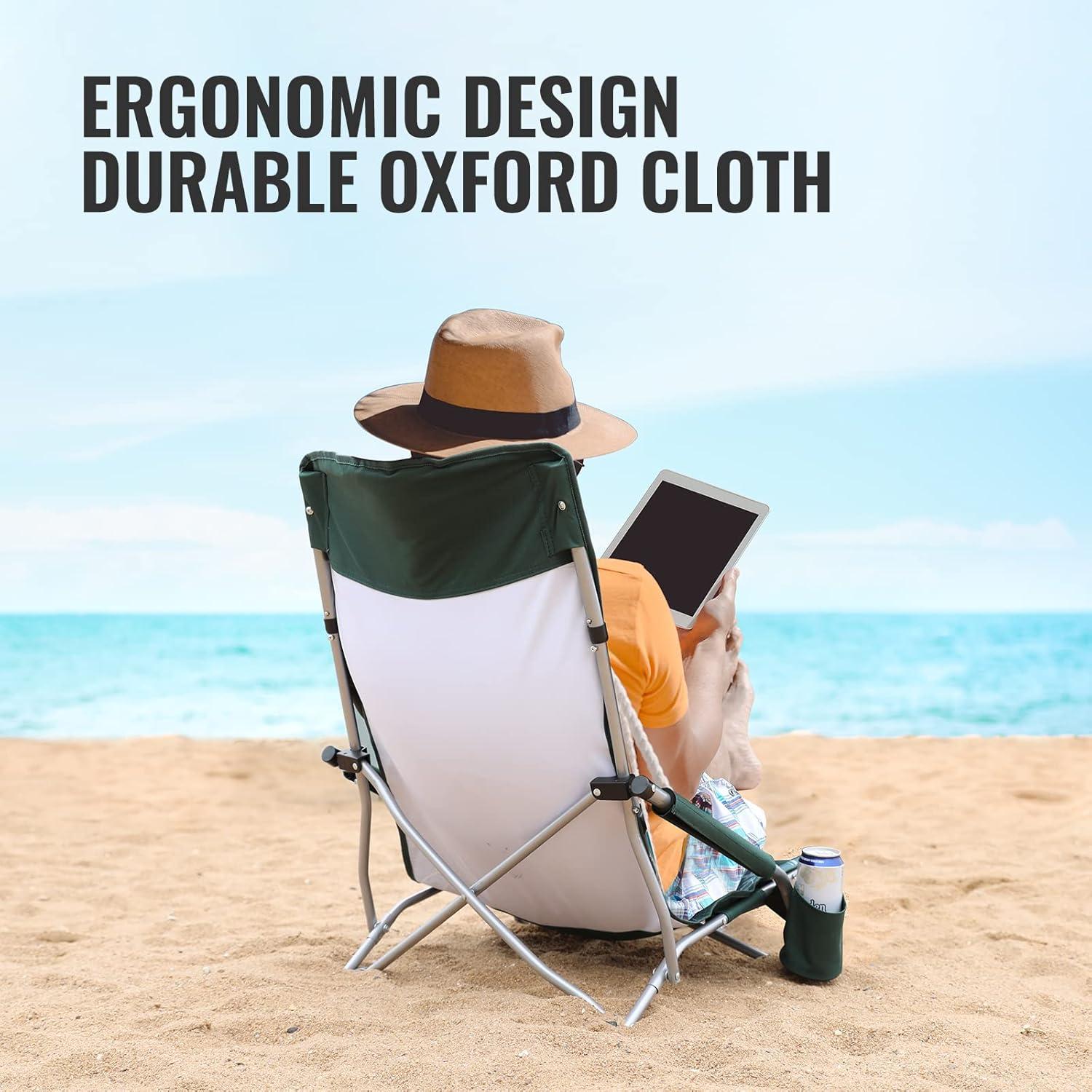image:imageVILLEY Low Beach Chairs for Adults 2 Pack High Back Folding Beach Chairs Lightweight and Portable for Outdoor Beach Camping Lawn Music Festival with Cup Holder and Carry BagBlue StripesVintage Green Leaves