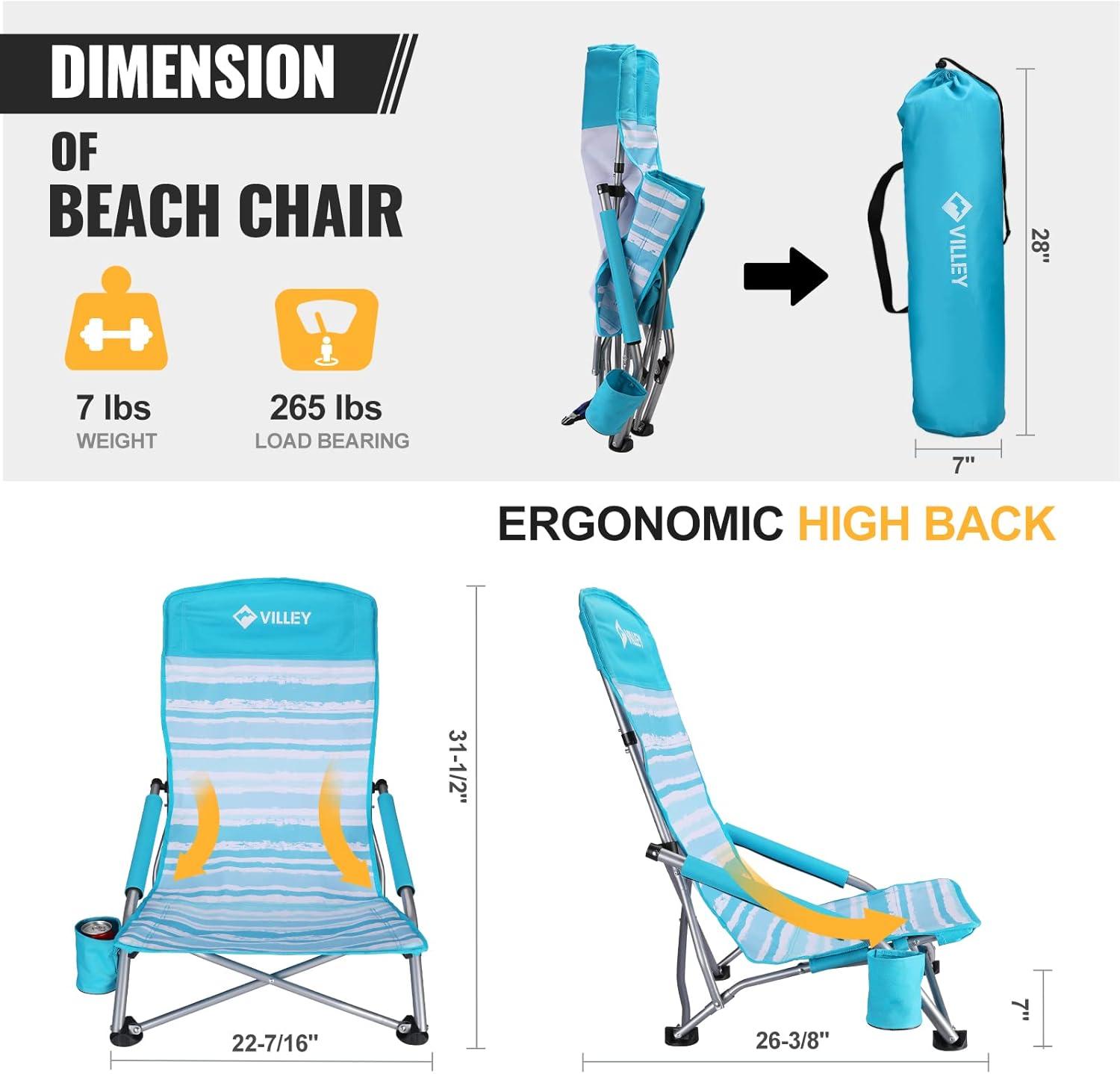 image:imageVILLEY Low Beach Chairs for Adults 2 Pack High Back Folding Beach Chairs Lightweight and Portable for Outdoor Beach Camping Lawn Music Festival with Cup Holder and Carry BagBlue StripesBlue Stripes