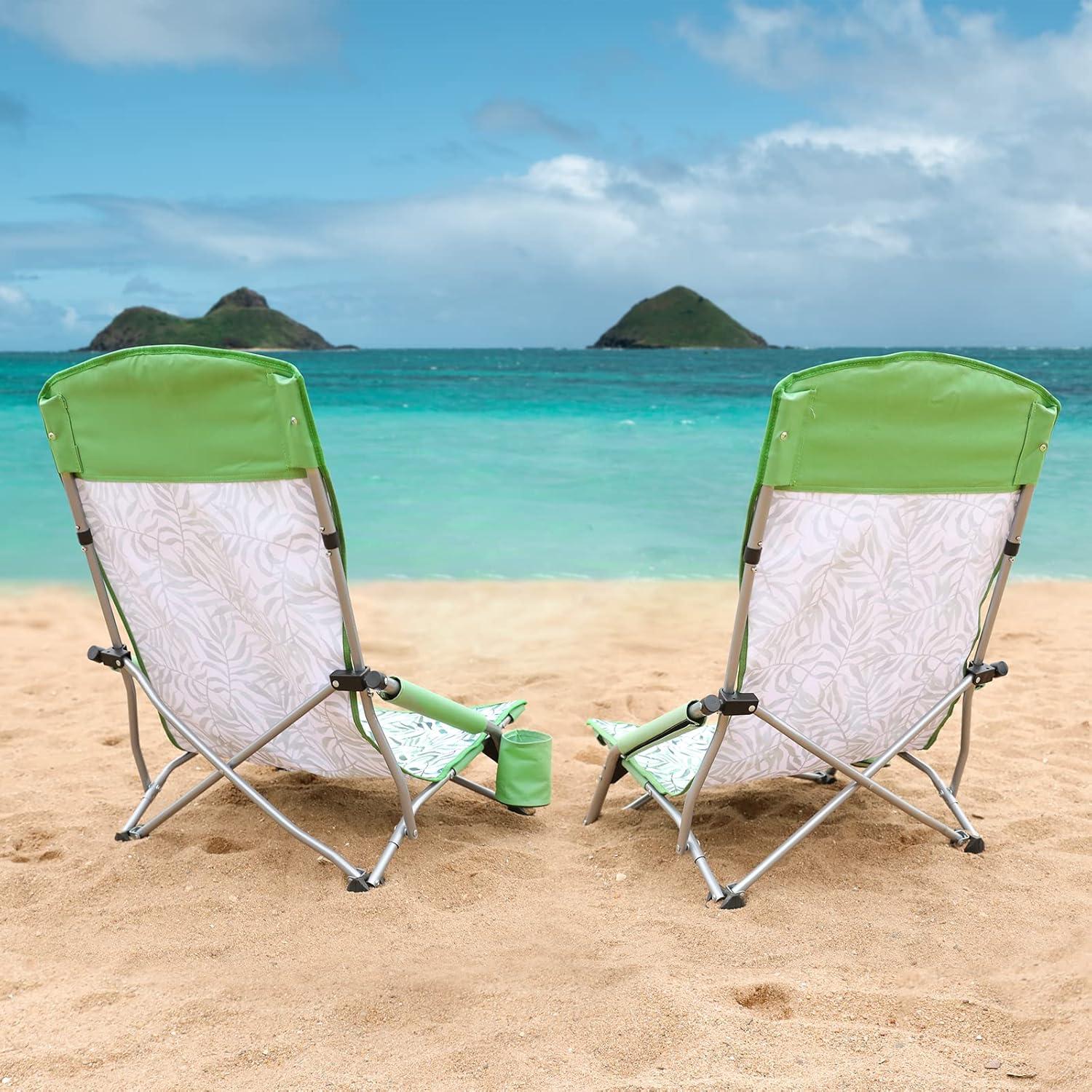 image:imageVILLEY Low Beach Chairs for Adults 2 Pack High Back Folding Beach Chairs Lightweight and Portable for Outdoor Beach Camping Lawn Music Festival with Cup Holder and Carry BagBlue StripesGreen Tropical Leaves