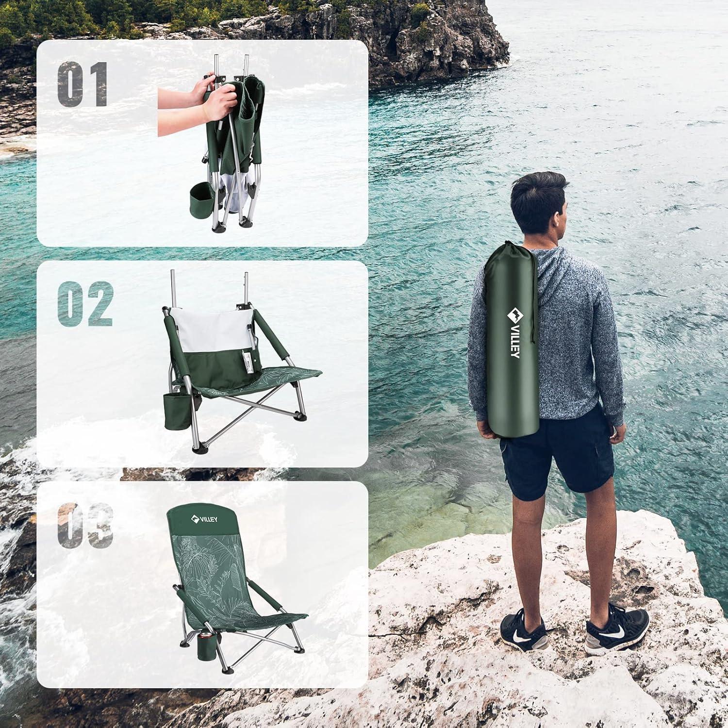 image:imageVILLEY Low Beach Chairs for Adults 2 Pack High Back Folding Beach Chairs Lightweight and Portable for Outdoor Beach Camping Lawn Music Festival with Cup Holder and Carry BagBlue StripesVintage Green Leaves