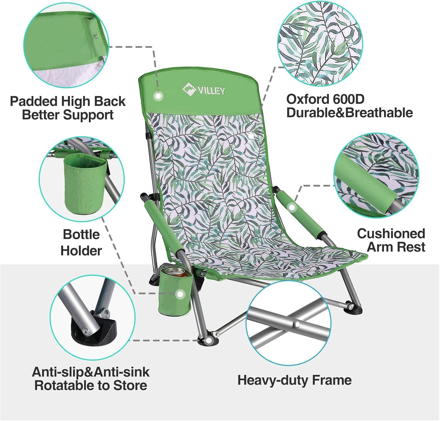 image:imageVILLEY Low Beach Chairs for Adults 2 Pack High Back Folding Beach Chairs Lightweight and Portable for Outdoor Beach Camping Lawn Music Festival with Cup Holder and Carry BagBlue StripesGreen Tropical Leaves