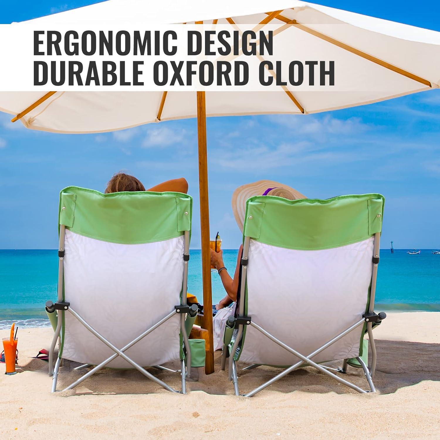 image:imageVILLEY Low Beach Chairs for Adults 2 Pack High Back Folding Beach Chairs Lightweight and Portable for Outdoor Beach Camping Lawn Music Festival with Cup Holder and Carry BagBlue StripesGreen Tropical Leaves