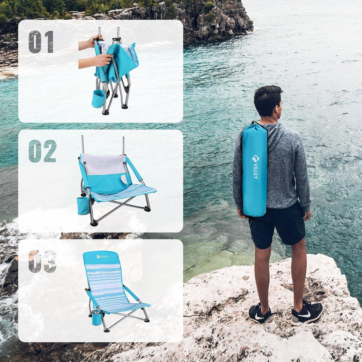 image:imageVILLEY Low Beach Chairs for Adults 2 Pack High Back Folding Beach Chairs Lightweight and Portable for Outdoor Beach Camping Lawn Music Festival with Cup Holder and Carry BagBlue StripesBlue Stripes