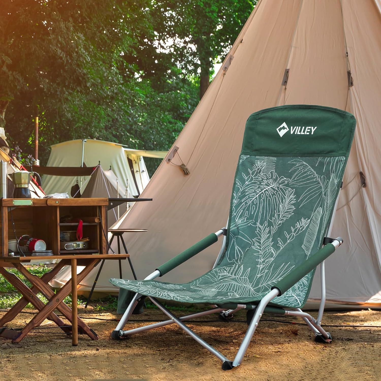 image:imageVILLEY Low Beach Chairs for Adults 2 Pack High Back Folding Beach Chairs Lightweight and Portable for Outdoor Beach Camping Lawn Music Festival with Cup Holder and Carry BagBlue StripesVintage Green Leaves