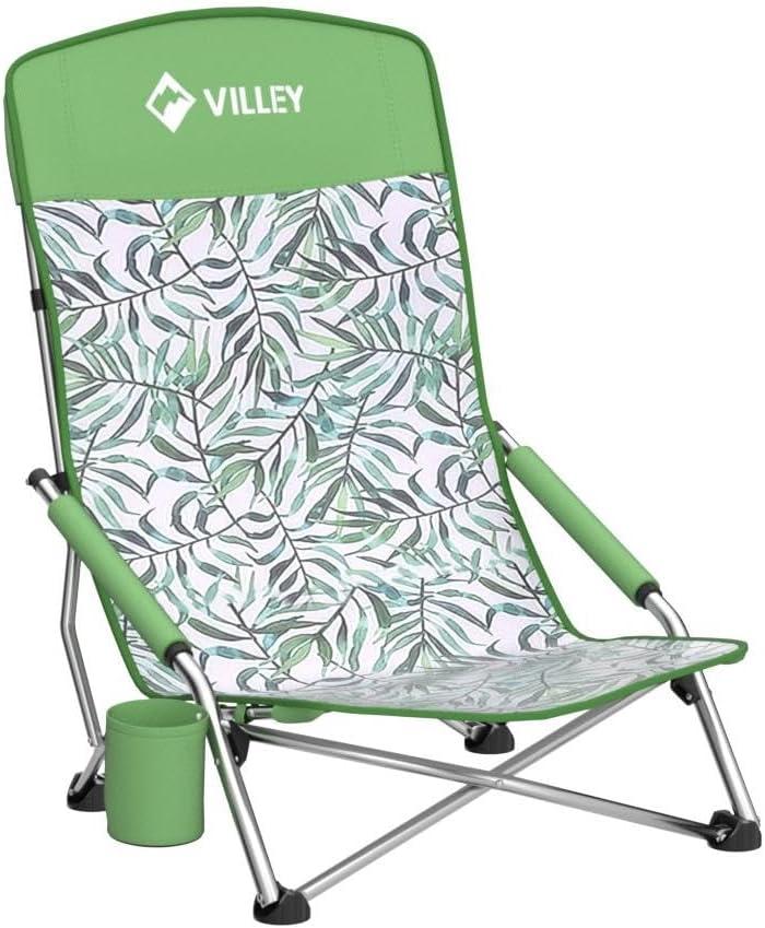 image:imageVILLEY Low Beach Chairs for Adults 2 Pack High Back Folding Beach Chairs Lightweight and Portable for Outdoor Beach Camping Lawn Music Festival with Cup Holder and Carry BagBlue StripesGreen Tropical Leaves