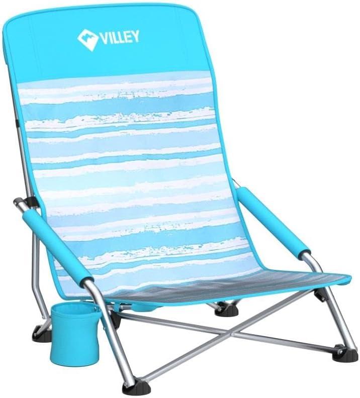 image:imageVILLEY Low Beach Chairs for Adults 2 Pack High Back Folding Beach Chairs Lightweight and Portable for Outdoor Beach Camping Lawn Music Festival with Cup Holder and Carry BagBlue StripesBlue Stripes