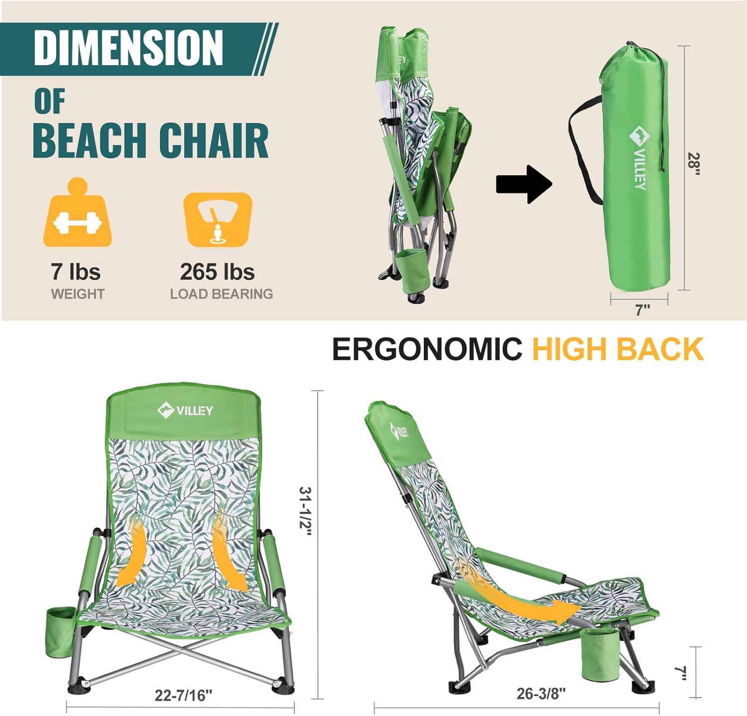 image:imageVILLEY Low Beach Chairs for Adults 2 Pack High Back Folding Beach Chairs Lightweight and Portable for Outdoor Beach Camping Lawn Music Festival with Cup Holder and Carry BagBlue StripesGreen Tropical Leaves