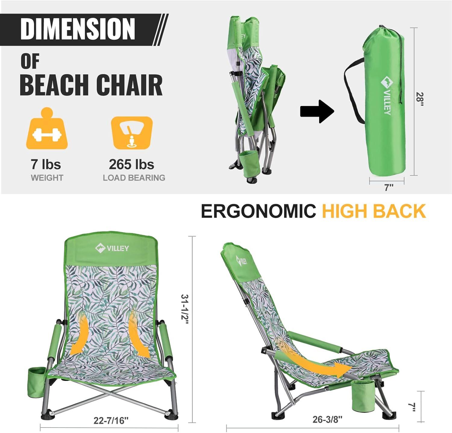 image:imageVILLEY Low Beach Chairs for Adults 2 Pack High Back Folding Beach Chairs Lightweight and Portable for Outdoor Beach Camping Lawn Music Festival with Cup Holder and Carry BagBlue StripesGreen Tropical Leaves