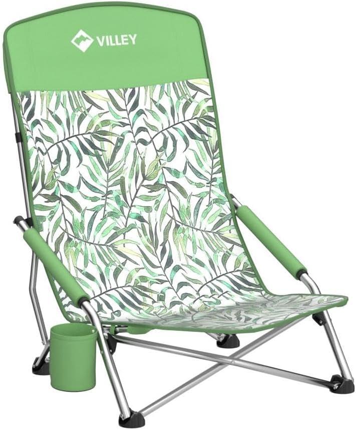 image:imageVILLEY Low Beach Chairs for Adults 2 Pack High Back Folding Beach Chairs Lightweight and Portable for Outdoor Beach Camping Lawn Music Festival with Cup Holder and Carry BagBlue StripesGreen Tropical Leaves