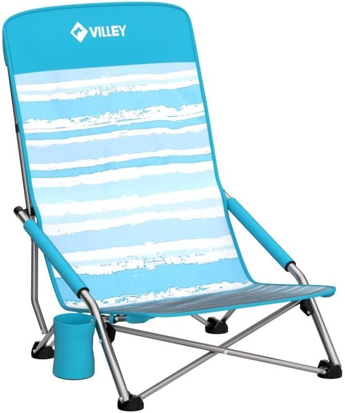 image:imageVILLEY Low Beach Chairs for Adults 2 Pack High Back Folding Beach Chairs Lightweight and Portable for Outdoor Beach Camping Lawn Music Festival with Cup Holder and Carry BagBlue StripesBlue Stripes