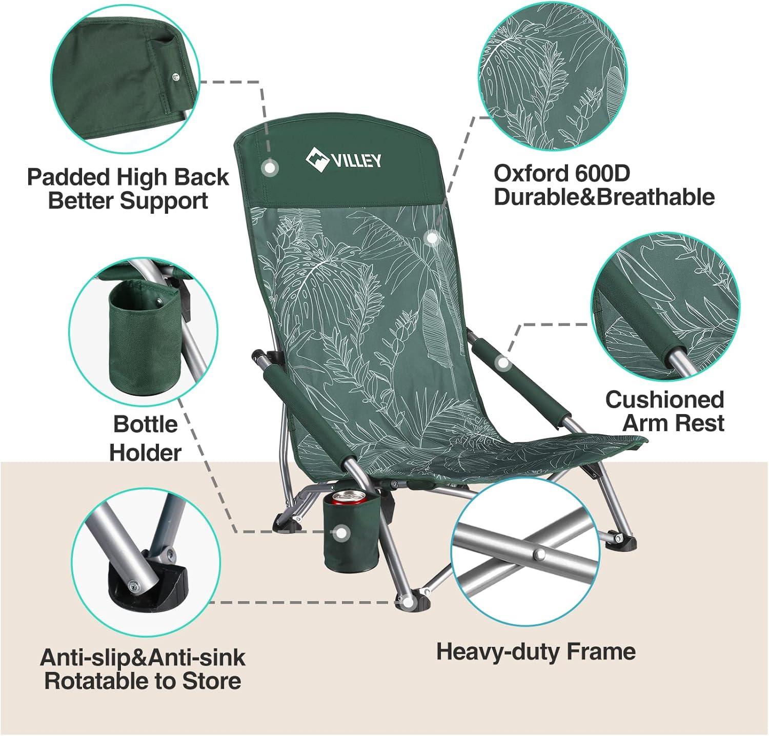 image:imageVILLEY Low Beach Chairs for Adults 2 Pack High Back Folding Beach Chairs Lightweight and Portable for Outdoor Beach Camping Lawn Music Festival with Cup Holder and Carry BagBlue StripesVintage Green Leaves