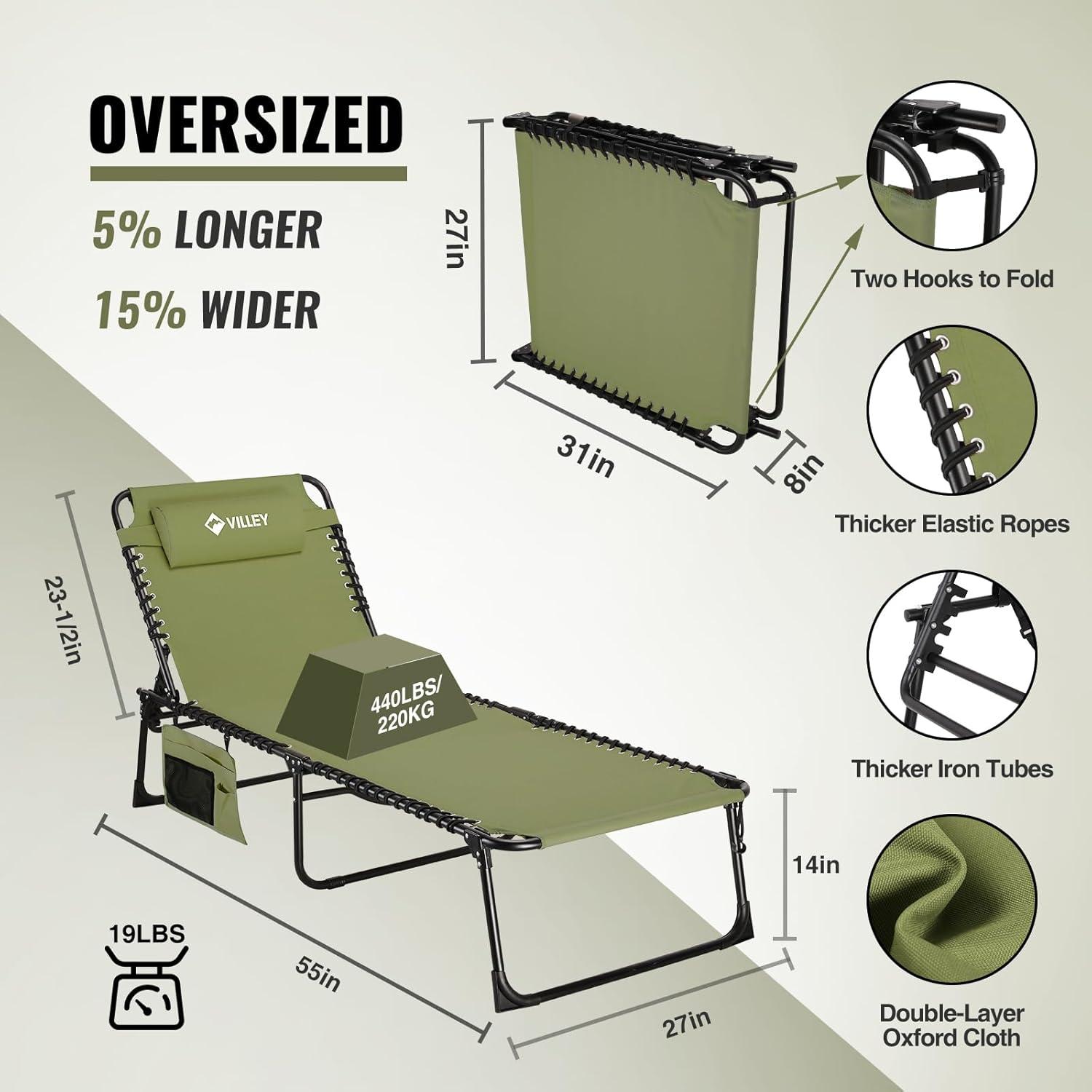 image:imageVILLEY Oversize Chaise Lounge Outdoor HeavyDuty Folding Lounge Chair for Outside Portable Trifold Beach Lounger with 5 Adjustable Positions for Outdoor Patio Beach Lawn Backyard Camping Oliver