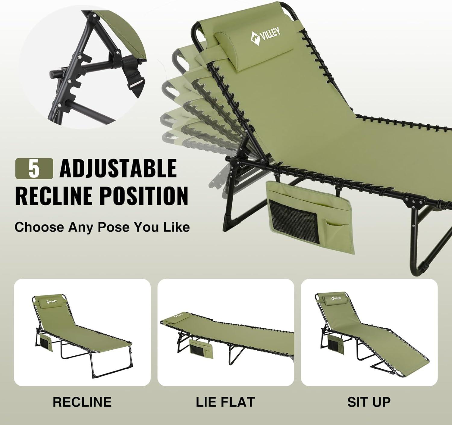 image:imageVILLEY Oversize Chaise Lounge Outdoor HeavyDuty Folding Lounge Chair for Outside Portable Trifold Beach Lounger with 5 Adjustable Positions for Outdoor Patio Beach Lawn Backyard Camping Oliver