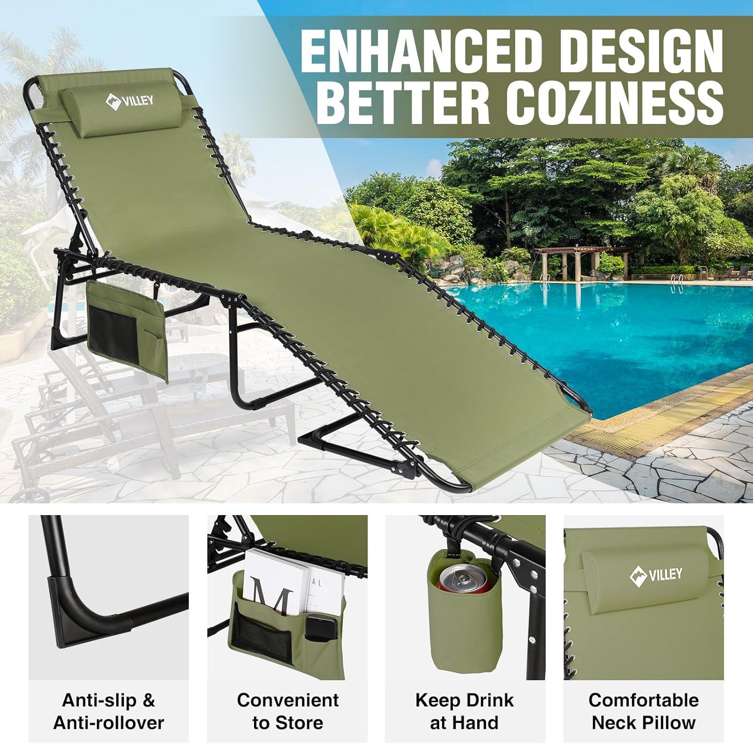 image:imageVILLEY Oversize Chaise Lounge Outdoor HeavyDuty Folding Lounge Chair for Outside Portable Trifold Beach Lounger with 5 Adjustable Positions for Outdoor Patio Beach Lawn Backyard Camping Oliver