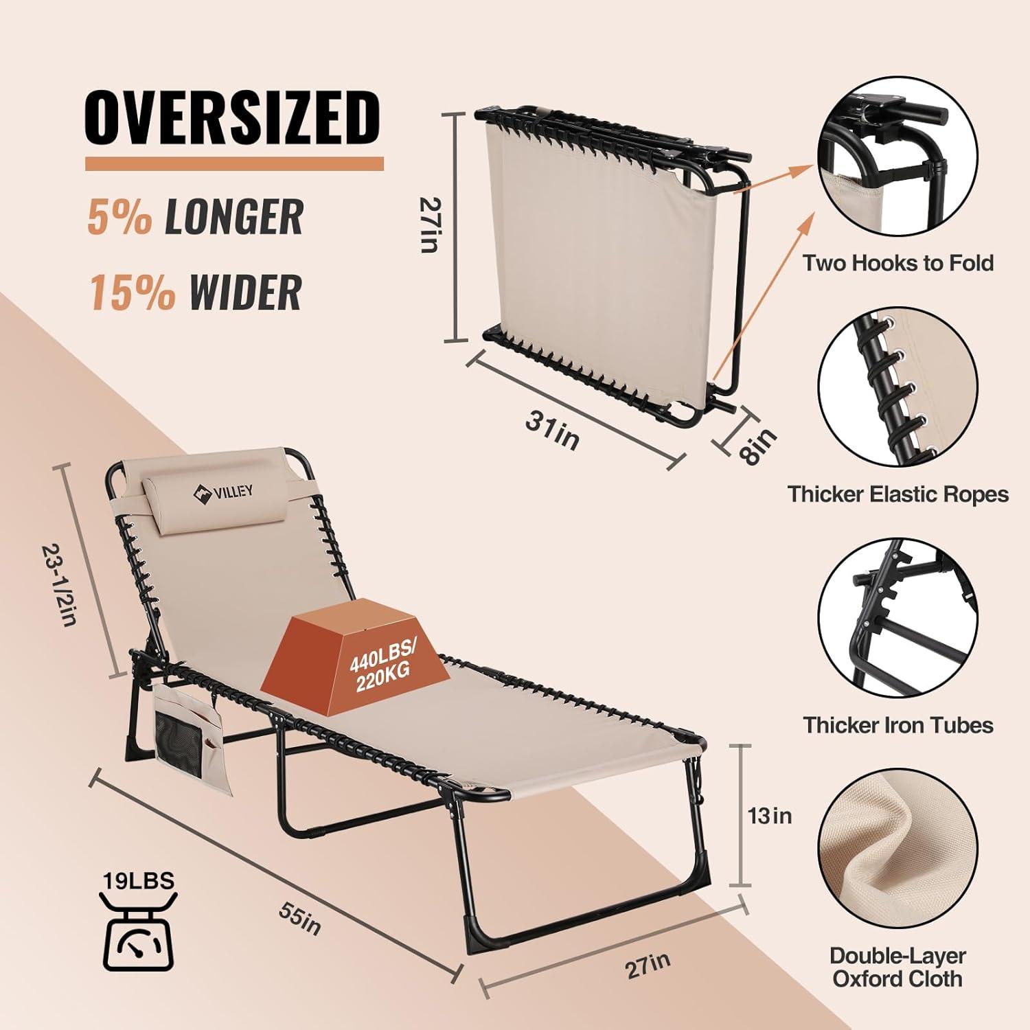 image:imageVILLEY Oversized Chaise Lounge Chair HeavyDuty Folding Outdoor Lounge Chair with 5 Adjustable Positions Portable Trifold Beach Lounger for Patio Beach Lawn Backyard Camping Beige