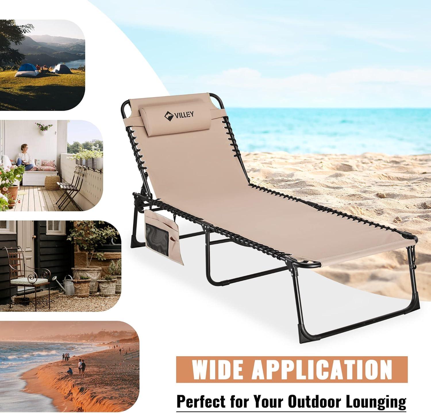 image:imageVILLEY Oversized Chaise Lounge Chair HeavyDuty Folding Outdoor Lounge Chair with 5 Adjustable Positions Portable Trifold Beach Lounger for Patio Beach Lawn Backyard Camping Beige